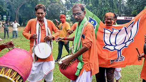 BJP supporters celebrate amid the counting of votes for the Rejinagar Assembly by-election, in Murshidabad district, West Bengal, Friday, Oct. 9, 2026. BJP candidates on Friday widened their leads in Nandigram and Rejinagar seats of West Bengal, where counting of votes was underway for the assembly by-elections, according to EC trends.