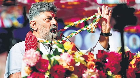Karnataka Chief Minister DK Shivakumar addresses the Goy Rakhonn Yatra in Cortalim in Goa on Thursday
