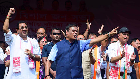 Assam Chief Minister Himanta Biswa Sarma during an election rally in support of Former Nagaon District Commissioner and Lok Sabha Bypoll BJP Candidate Debasish Sharma for the upcoming Nagaon Lok Sabha Bypoll, in Nagaon on Tuesday. State BJP MP Pradan Baruah and others also present