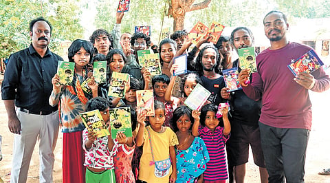In Periyankuppam settlement in Tirupattur, kids with their books brought by Saravanan.