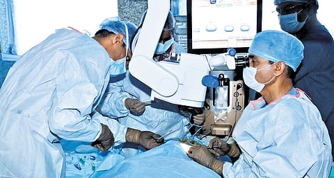 Army doctors during a medical procedure being performed as part of a camp being organised under ‘Operation Drishti’.