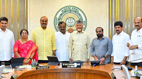 Chief Minister Nara Chandrababu Naidu with his Cabinet colleagues at the State Secretariat on Saturday.