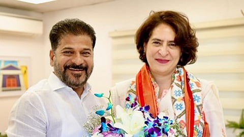 Telangana Chief Minister A Revanth Reddy (left) met Congress leader Priyanka Gandhi in Delhi.