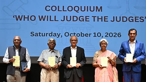 Senior Advocate Raju Ramachandran, Justice K Chandru, Justice K Kannan, senior advocates R Vaigai and Kaleeswaram Raj (L to R) hold copies of Justice Chandru' s book Who Will Judge the Judges?, which inspired the colloquium of the same name hosted by the Asian College of Journalism in Chennai on Saturday.