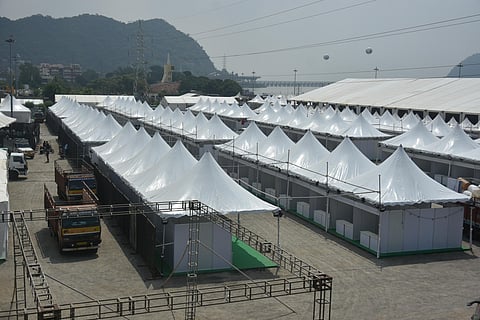 Stalls set up for SARAS Mela at Punnami Ghat in Vijayawada.