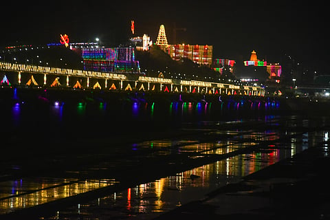 Kanaka Durga temple illuminated for Dasara festivities in Vijayawada.