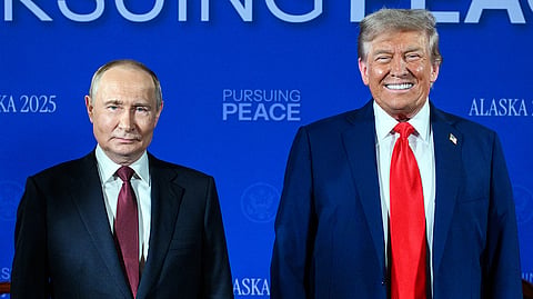 In this file photo from Aug. 16, 2026, Russian President Vladimir Putin meets United States of America President Donald Trump in Alaska.