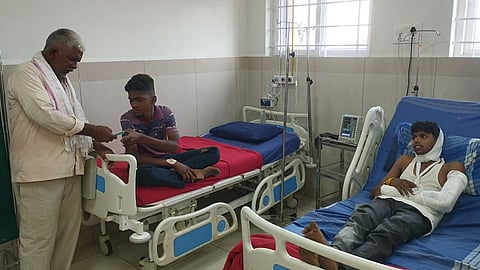 Injured persons undergoing treatment at District Hospital in Belagavi on Sunday.