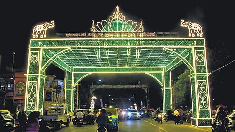 Sayyaji Rao Road in Mysuru lit up for Dasara on Saturday.