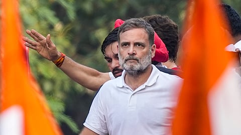 Congress leader Rahul Gandhi during March for Democracy by INDIA bloc leaders to the Supreme Court, to file a petition against Chief Election Commissioner Gyanesh Kumar and 'vote chori', at Barakhamba road, in New Delhi, Monday, Oct. 12, 2026.