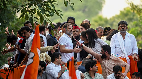 Lok Sabha LoP Rahul Gandhi with Samajwadi Party (SP) National President Akhilesh Yadav, RJD leader Tejashwi Yadav, Karnataka Chief Minister DK Shivakumar and others during INDIA bloc's protest march towards the Supreme Court against Chief Election Commissioner Gyanesh Kumar, in New Delhi on Monday. Congress MP Priyanka Gandhi Vadra also present