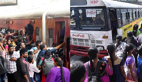 The rush was visible on Sunday at the Dwaraka RTC Complex, Maddilapalem bus station and railway stations, while national highways faced traffic congestion as families began their holiday journeys.