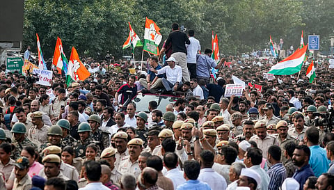 Congress workers and supporters during 'March for Democracy' to the Supreme Court, to file a petition against Chief Election Commissioner Gyanesh Kumar and 'vote chori', at Barakhamba road, in New Delhi, Monday, Oct. 12, 2026.