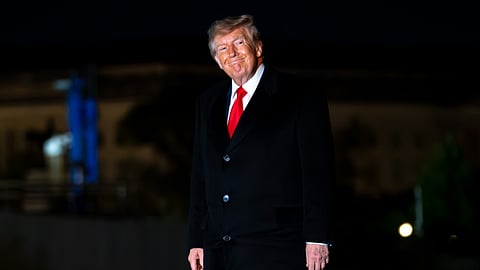 President Donald Trump returns to the White House following a trip to Clarksville, Tenn., on the South Lawn of the White House, Saturday, Oct. 10, 2026, in Washington.
