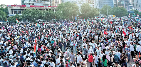 People take part in 'March for Democracy' by INDIA bloc leaders towards the Supreme Court to file a petition against Special Intensive Revision (SIR) of electoral rolls and alleged poll irregularities in New Delhi, Monday, Oct. 12, 2026.