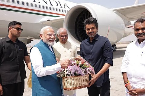 Vijay received Modi at the Chennai airport. Tamil Nadu Governor Rajendra Arlekkar and Union Minister L. Murugan is also seen