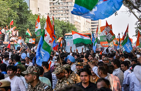 Protesters gather during the INDIA bloc-led protest march to the Supreme Court over the Special Intensive Revision (SIR) row, in New Delhi on Monday.