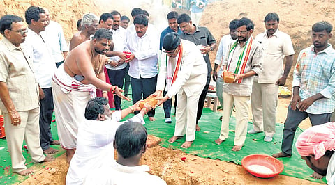Minister Anam Ramnarayana Reddy and MLA Somireddy Chandramohan Reddy laying stone for Lord Venkateswara temple at Mahammadapuram village