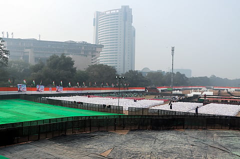 In this file photo from Dec. 13, 2025, a view of the Ramlila Maidan being prepared for a Congress rally in New Delhi.
