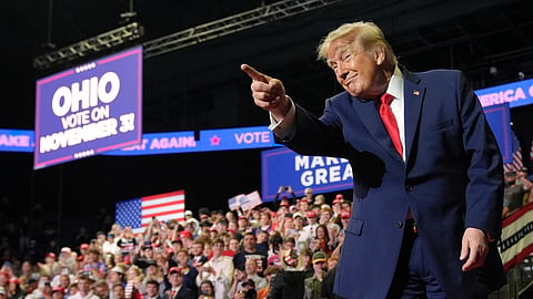 President Donald Trump gestures at a campaign rally at the Covelli Centre, in Youngstown, Ohio, Monday, Oct. 12, 2026.