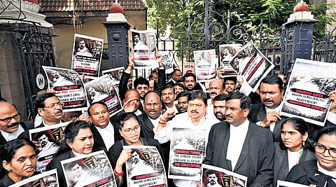 State BJP president N Ramchander Rao also participated in the protest organised near the State High Court Bar Council gate.