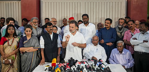 Leader of Opposition in the Lok Sabha Rahul Gandhi, Congress President Mallikarjun Kharge, party leaders Priyanka Gandhi Vadra, KC Venugopal, and other leaders of the INDIA bloc address a joint press conference, in New Delhi, Tuesday, Oct. 13, 2026.
