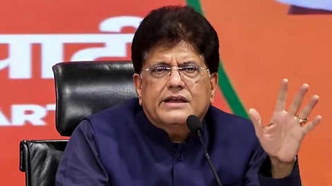 Union Commerce and Industry Minister Piyush Goyal addresses a press conference, at BJP headquarters, in New Delhi. Goyal addressed the media jointly with Union Minister Rajiv Ranjan Singh.