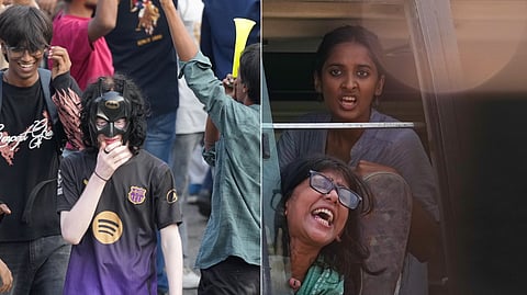 (L) A protester wears a Batman mask during the 'March for Democracy' procession led by INDIA bloc leaders on Monday, Oct. 12, 2026. (R) Detained youth protesters shout slogans as police drive them away in a van from a demonstration by the CJP in New Delhi, India, Saturday, Oct. 10, 2026.