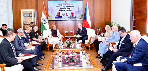 Defence Minister Rajnath Singh meets Czech Republic Deputy Prime Minister and Minister of Industry and Trade Karel Havlicek, in New Delhi.