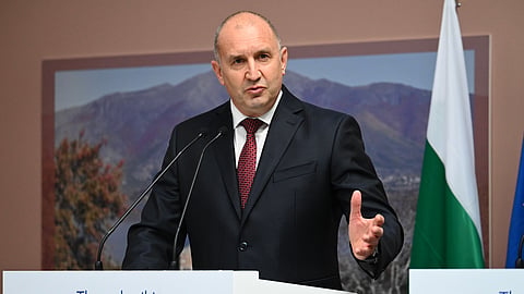 Bulgarian Prime Minister Rumen Radev speaks during a handover ceremony of the remains of medieval ruler Czar Samuel, in Thessaloniki, northern Greece, Saturday, Oct. 3, 2026.