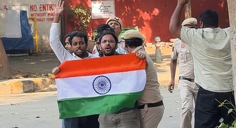 Delhi Police detain CJP leader Ashutosh Ranka and others as they attempt to enter Jantar Mantar in Delhi on Tuesday, Oct. 13, 2026.