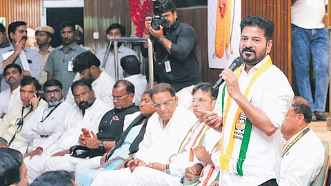 Chief Minister A Revanth Reddy speaks during a press conference at Telangana Bhavan in New Delhi on Monday.