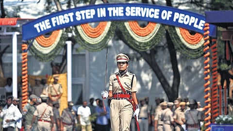 Outstanding performer Neha Agarwal marches during the Passing Out Parade to mark the completion of the first phase training programme at the RBVRR Telangana Police Academy in Hyderabad on Monday.