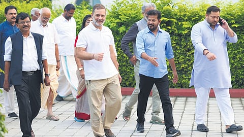 Chief Minister A Revanth Reddy and other leaders arrive for an INDIA bloc meeting at Rahul Gandhi’s residence in Delhi on Tuesday.
