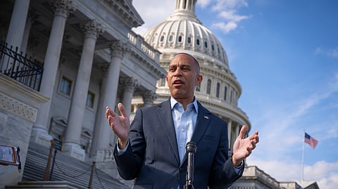 US House Democratic Leader Hakeem Jeffries of New York speaks during a news conference at the Capitol in Washington, Wednesday, Sept. 30, 2026.