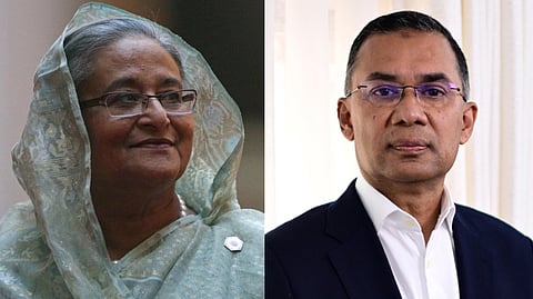 (L-R) Exiled Awami League leader Sheikh Hasina and Bangladesh Prime Minister Tarique Rahman