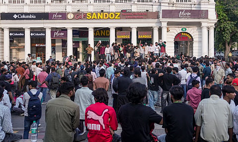 New Delhi: A crowd of demonstrators gather during a protest demonstration organised by the Cockroach Janta Party (CJP) demanding the resignation of Chief Election Commissioner (CEC) Gyanesh Kumar over alleged electoral roll irregularities, at Connaught Place, in New Delhi, Saturday, Oct. 10, 2026.