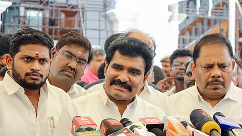 Tamil Nadu Electricity Minister Nirmal Kumar speaks to the media in Chennai.