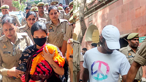 Muskan Rastogi (L) and Sahil Shukla (R) produced before a court in Meerut.