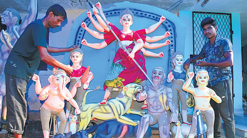 The making of idol of Goddess Durga as part of the Durga Pooja celebrations of Keral Banga Samskriti Sangha.