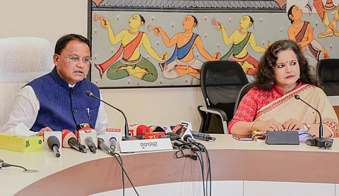 CM Mohan Charan Majhi and chief secy Anu Garg at the post-cabinet briefing