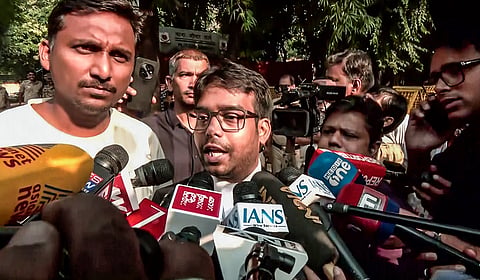 Advocate Abhisht Hela, representing CJP's Saurav Das, Ashutosh Ranka, and Ajinkya Shinde, speaks to the media regarding their judicial custody, in New Delhi on Wednesday.