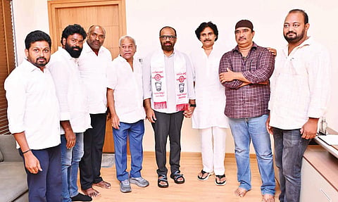 Deputy CM Pawan Kalyan welcomes former MLA Vangaveeti Radhakrishna and other leaders into the Jana Sena Party on Wednesday I Express