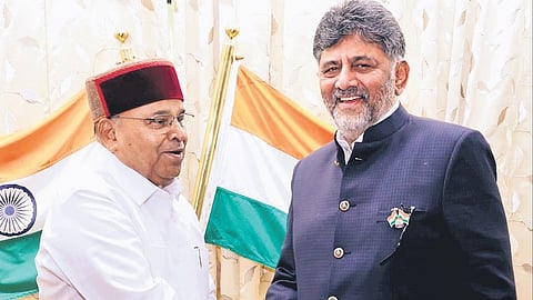 Chief Minister DK Shivakumar greets outgoing Governor Thaawarchand Gehlot in Lok Bhavan in Bengaluru on Wednesday. Taking to social media platform ‘X’, the CM said, “I expressed my gratitude for the cooperation he extended to the state’s administration during his tenure and for the contributions he made to the state’s progress. I wished him a future life filled with happiness, joy, and good health.”