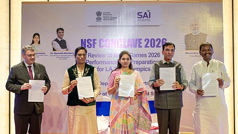 Sports minister Mansukh Mandaviya along with IOA chief PT Usha, minster of state Raksha Khadse and sports secretary Hari Ranjan Rao at review meeting