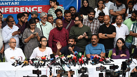Abhijeet Dipke along with Neha Bora (AISA) Prashant Bhushan, Advocate, Supreme Court of India, Prakash Raj, Actor and Activist, Aishe Ghosh (SFI) Viraaj(AISF) addresses the media at Press Club in New Delhi on October 15, 2026.