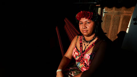 Inara Waty, a member of the Satere-Mawe Indigenous people, poses for a picture during an interview with AFP about environmental concerns ahead of Brazil's presidential election in Manaus, Amazonas state, Brazil, on October 10, 2026.