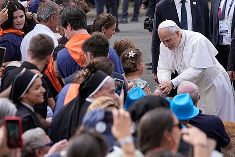 Pope Leo XIV meets with staff and guests of Accueil Notre-Dame and sick people at the Sanctuary of Our Lady of Lourdes, France, Sunday, Sept. 27, 2026.