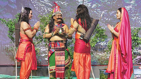 Union Minister Jual Oram enacting the role at Lal Quila Maidan in Delhi.