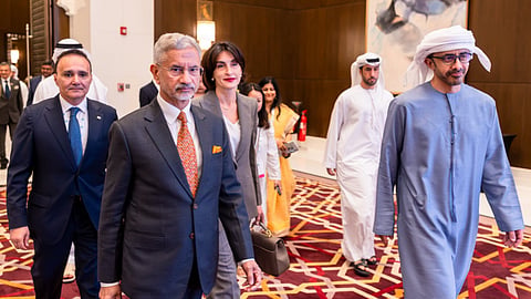 In this image posted on Oct. 15, 2026, EAM S. Jaishankar during a meeting with UAE Deputy Prime Minister and Minister of Foreign Affairs Sheikh Abdullah bin Zayed Al Nahyan, in Abu Dhabi, UAE.
